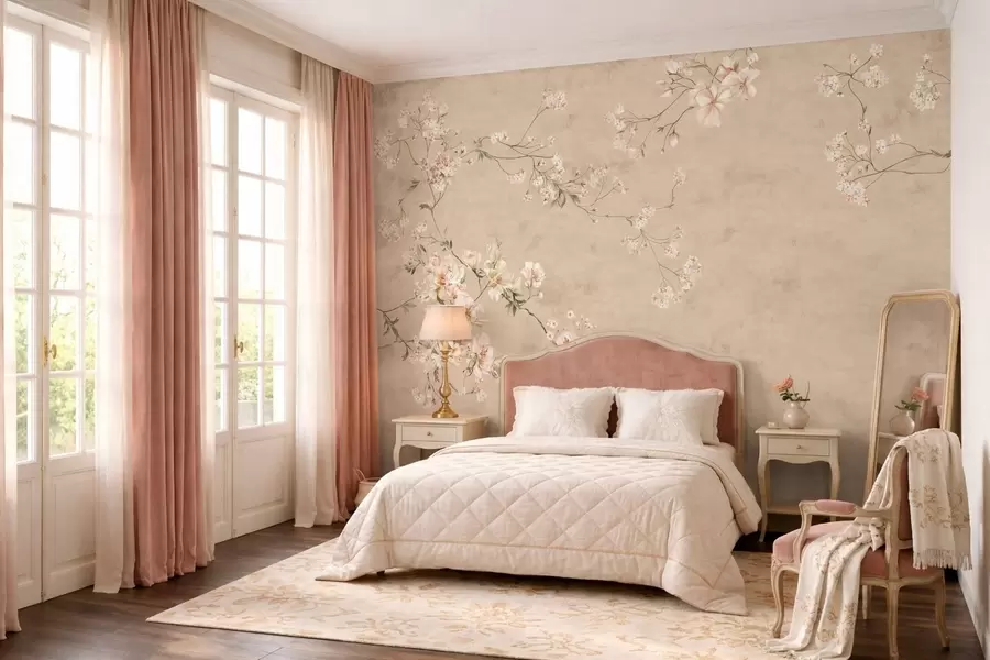 Fototapeta Kwiatowe motywy w stylu chinoiserie na ciepłym beżowym tle w05427v2