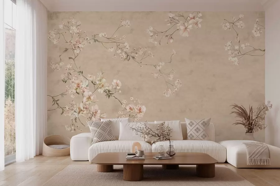 Fototapeta Kwiatowe motywy w stylu chinoiserie na ciepłym beżowym tle w05427v2