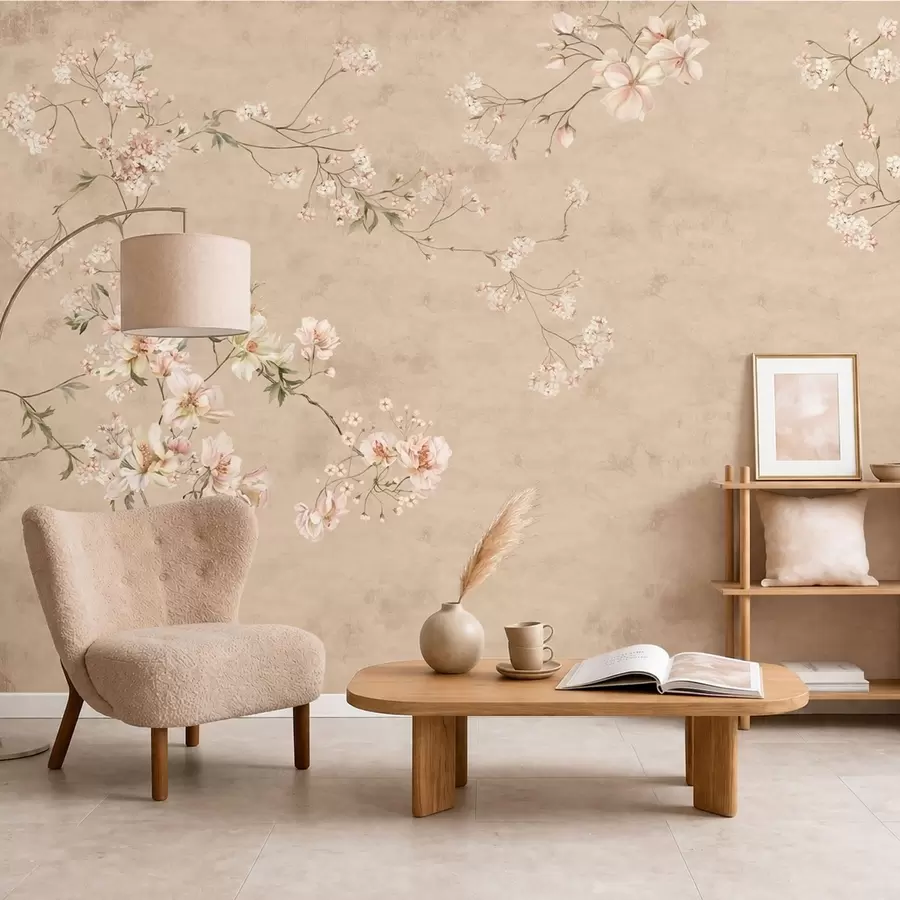 Fototapeta Kwiatowe motywy w stylu chinoiserie na ciepłym beżowym tle w05427v2