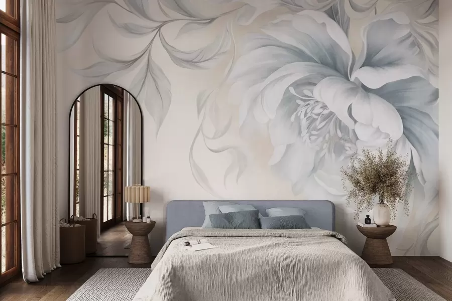 Fototapeta Duża, teksturowana piwonia o delikatnych płatkach i szarych liściach, namalowana w delikatnym stylu w09647