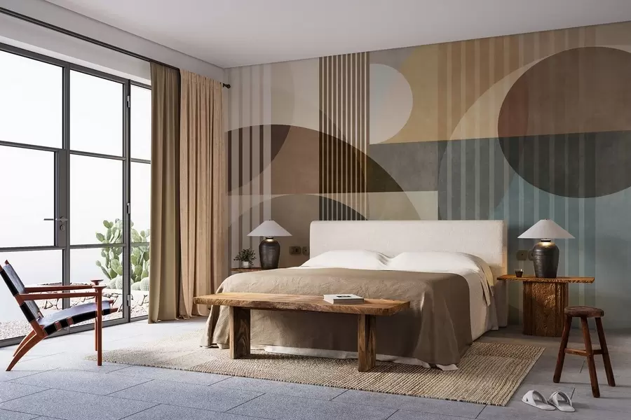 Fototapeta Abstrakcyjne figury geometryczne złożone z okręgów i linii, stonowane odcienie ziemi, kompozycja o bogatej fakturze i warstwowej strukturze w09834