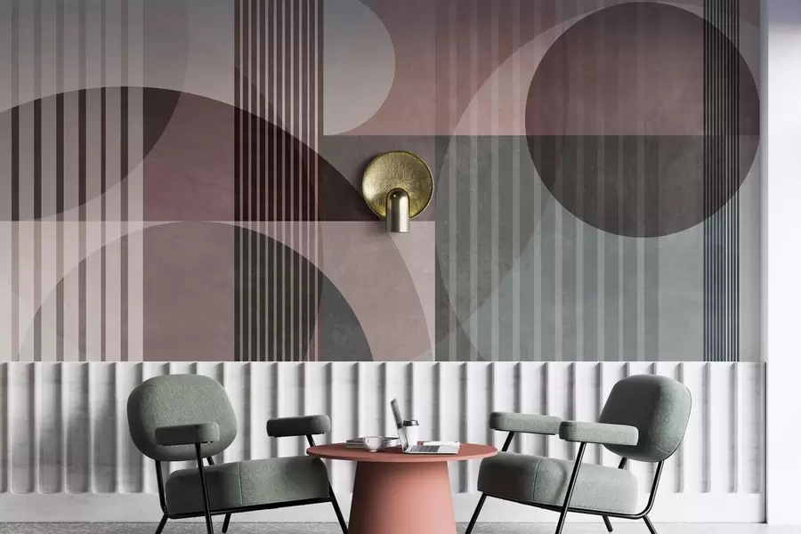 Fototapeta Abstrakcyjne figury geometryczne złożone z okręgów i linii, stonowana kolorystyka, kompozycja o bogatej fakturze i warstwowej strukturze w09834v1