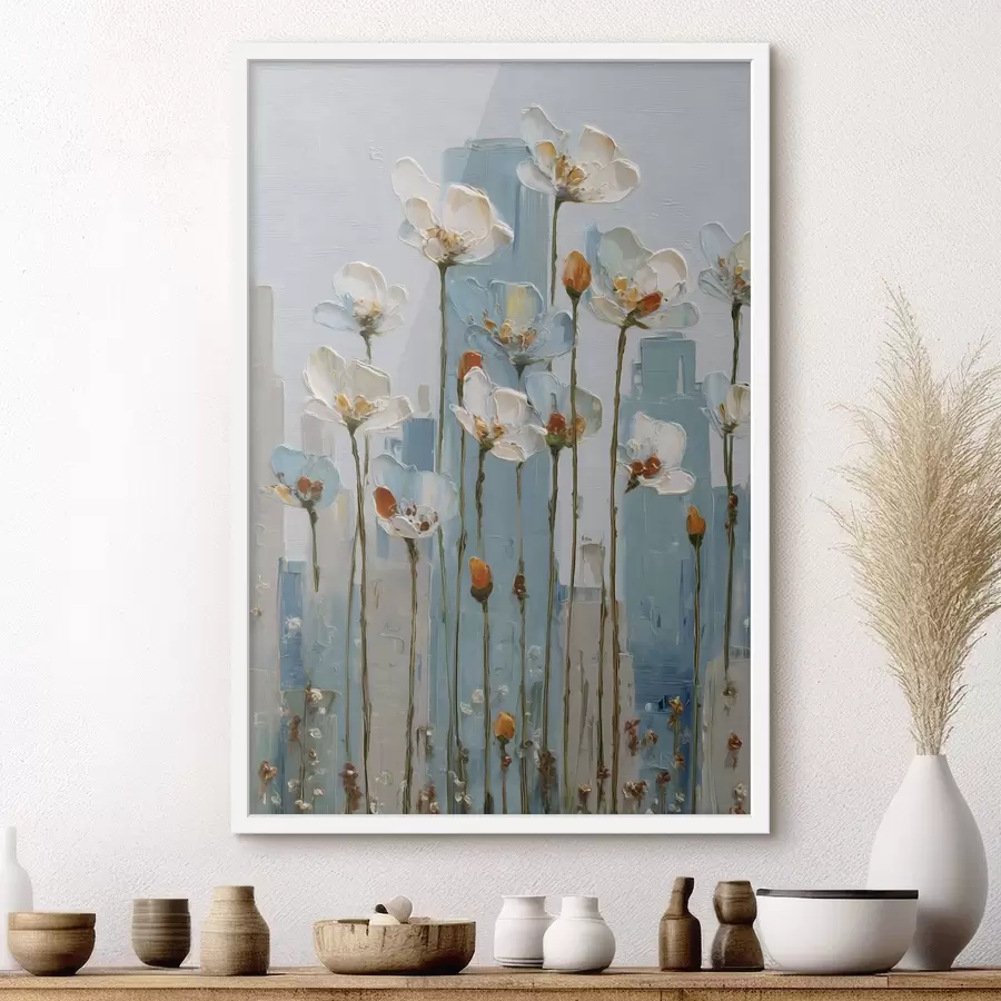 Fototapeta kwiaty na tle miasta, w stylu malarstwa olejnego f48785