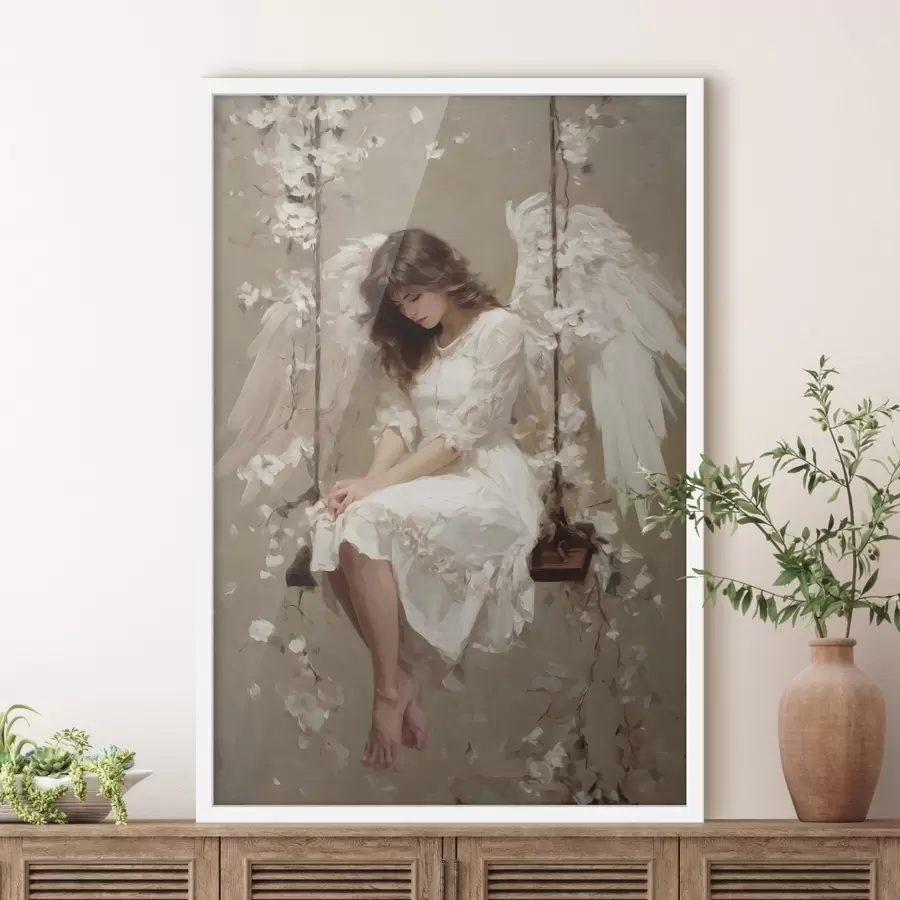 Fototapeta dziewczynka-aniołek na huśtawce, namalowana techniką olejną f48789