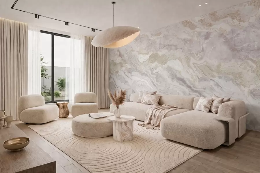 Fototapeta Jasny onyks z płynnymi warstwami w odcieniach beżu i szarości w05430