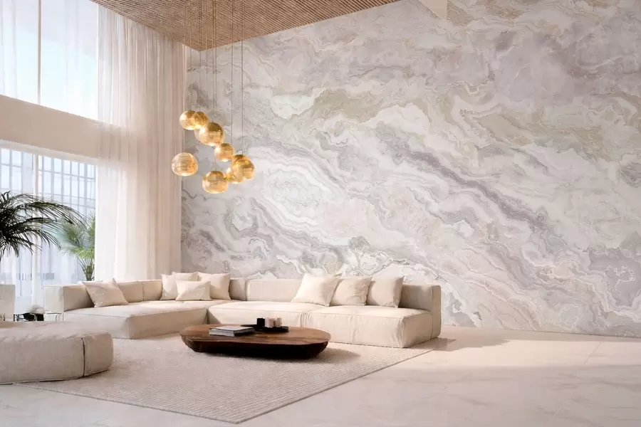 Fototapeta Jasny onyks z płynnymi warstwami w odcieniach beżu i szarości w05430