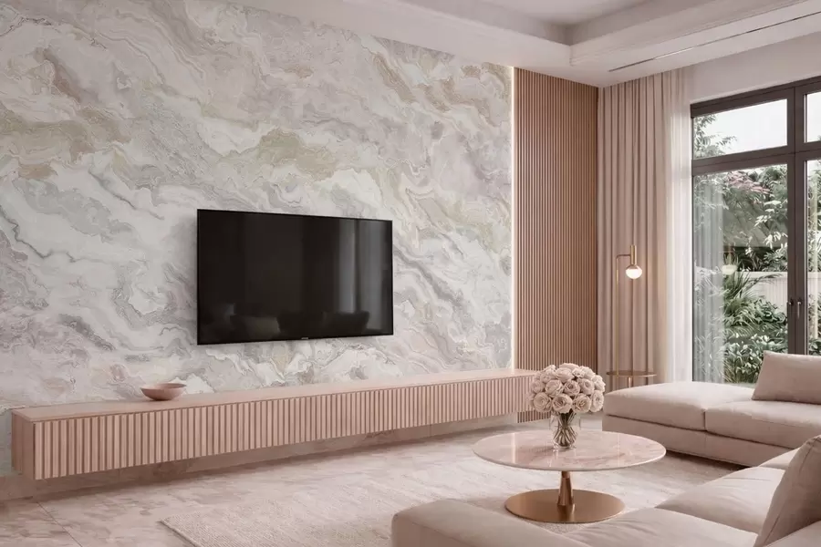 Fototapeta Jasny onyks z płynnymi warstwami w odcieniach beżu i szarości w05430