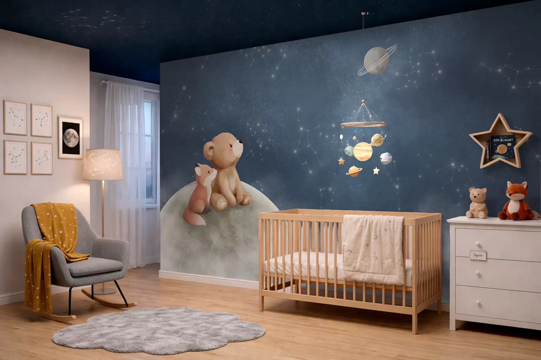 Fototapeta Pastelowa ilustracja przedstawiająca niedźwiadka i lisa na tle nocnego nieba w05431