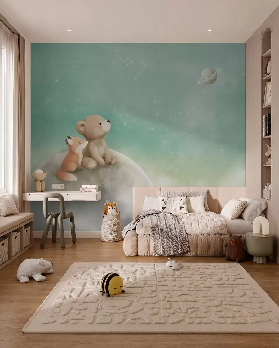 Fototapeta Pastelowa ilustracja przedstawiająca niedźwiadka i lisa na tle zielonego nieba w05431v1