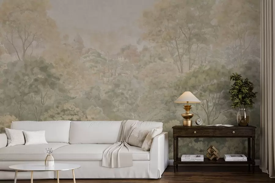 Fototapeta Klasyczny leśny krajobraz utrzymany w stonowanych odcieniach zieleni w05433