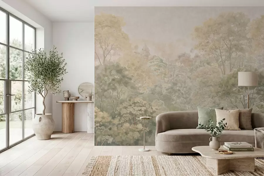 Fototapeta Klasyczny leśny krajobraz utrzymany w stonowanych odcieniach zieleni w05433