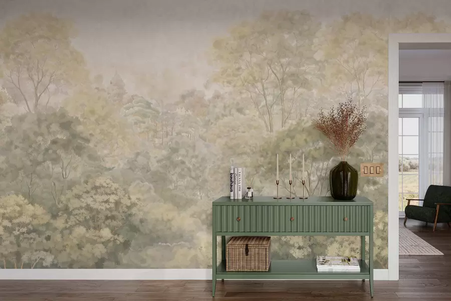 Fototapeta Klasyczny leśny krajobraz utrzymany w stonowanych odcieniach zieleni w05433