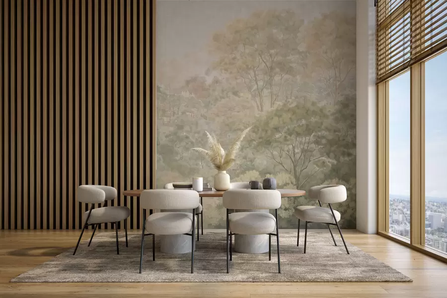 Fototapeta Klasyczny leśny krajobraz utrzymany w stonowanych odcieniach zieleni w05433