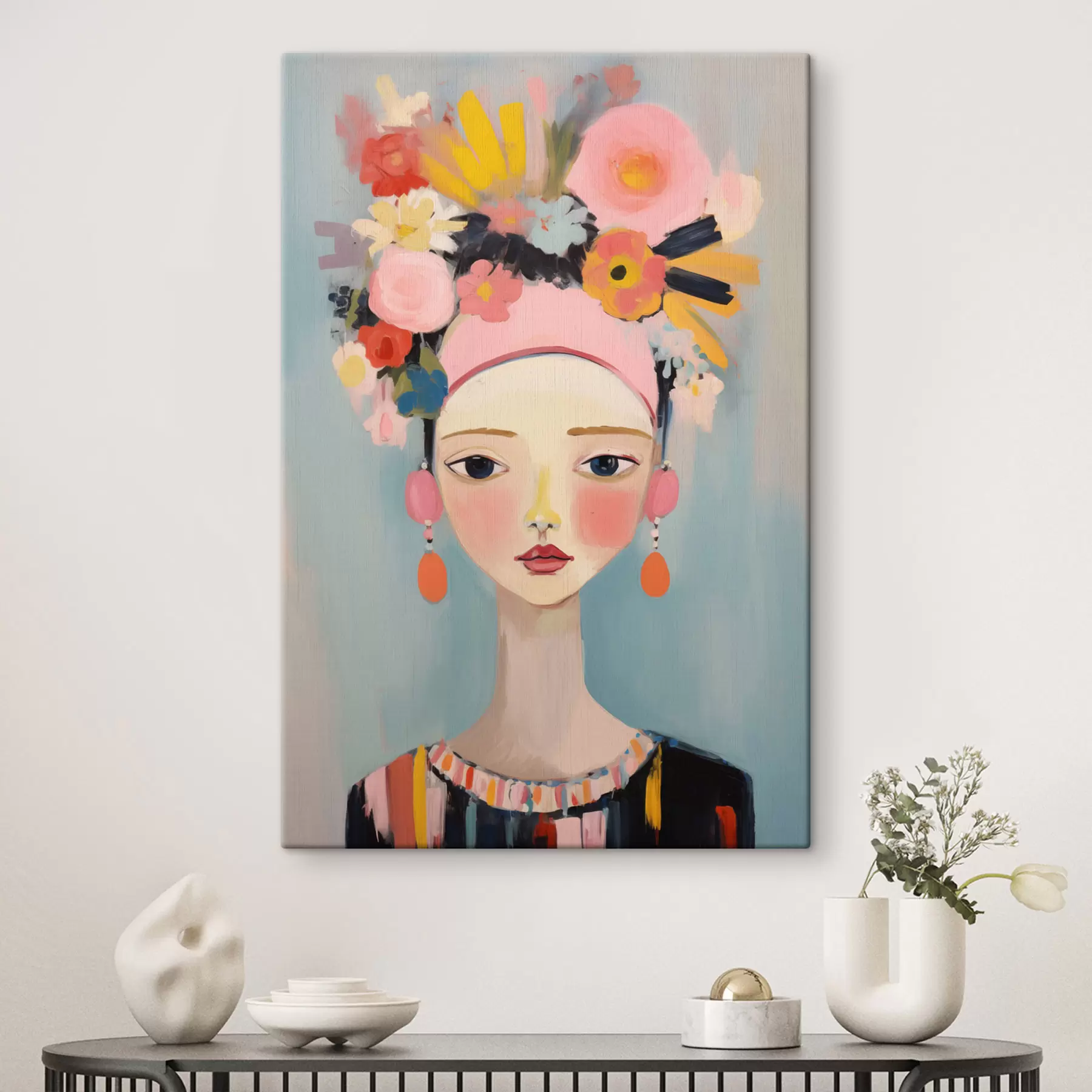 Obraz Portret kobiety z kwiatami we włosach, styl abstrakcyjny s48936
