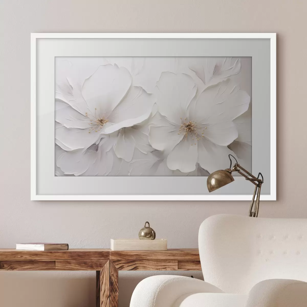 Plakat Minimalistyczne, wytłoczone białe kwiaty z delikatnymi cieniami f48796