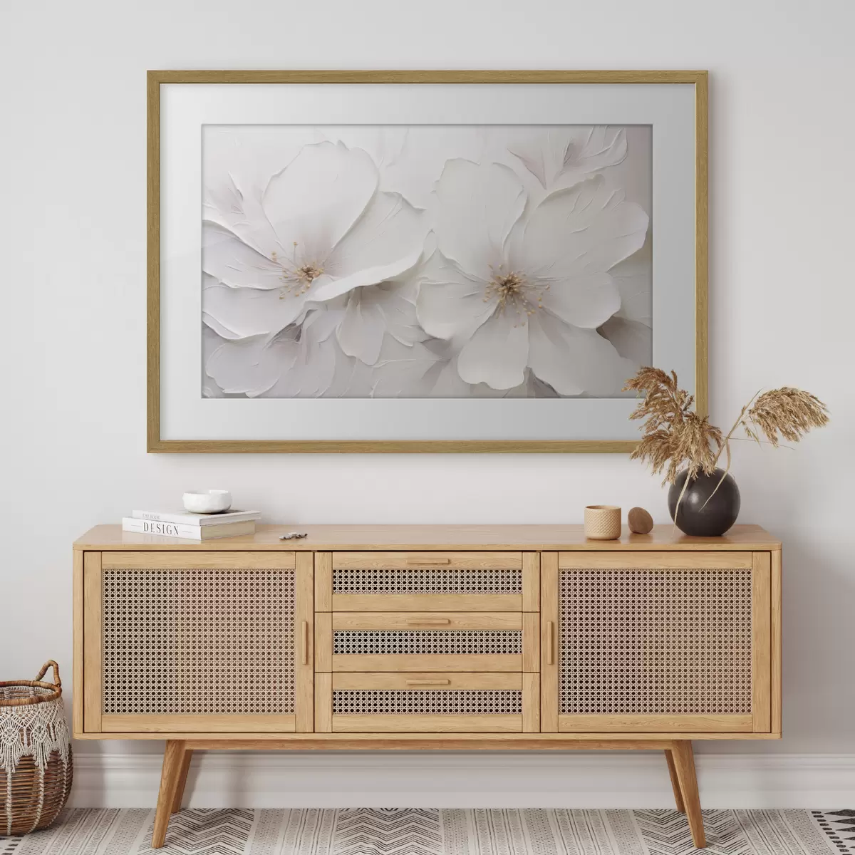 Plakat Minimalistyczne, wytłoczone białe kwiaty z delikatnymi cieniami f48796