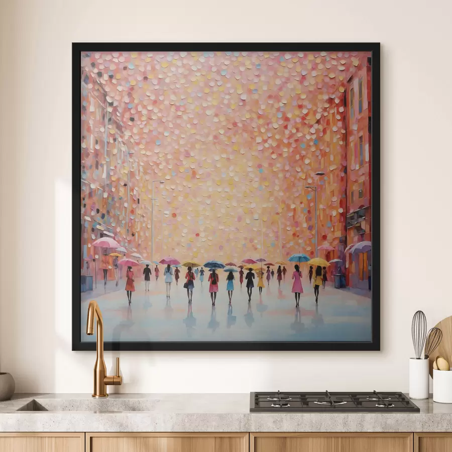 Fototapeta Impresjonistyczny pejzaż miejski z parasolami i odbiciami f48803