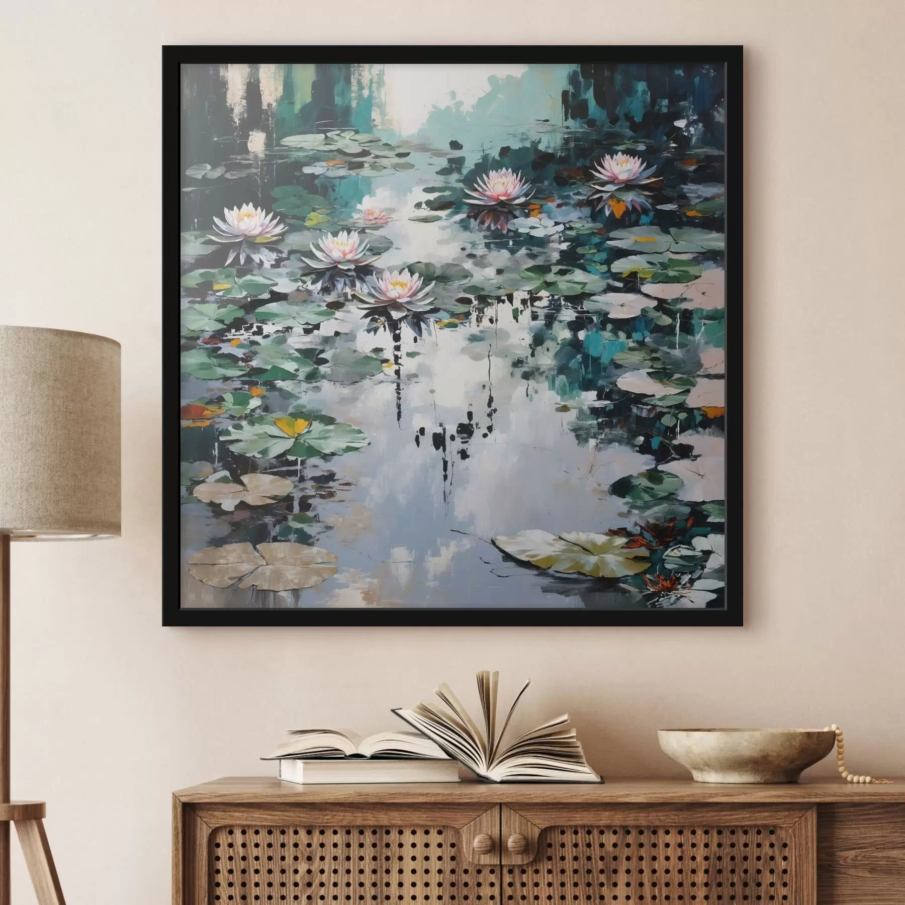 Fototapeta Impresjonizm: Staw z liliami w ciemnych barwach f48814