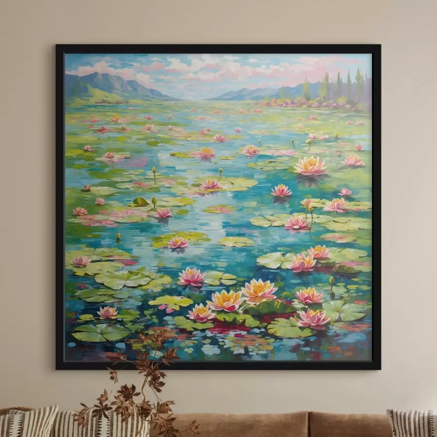 Fototapeta Impresjonizm: Staw z liliami wodnymi i odległymi górami f48820