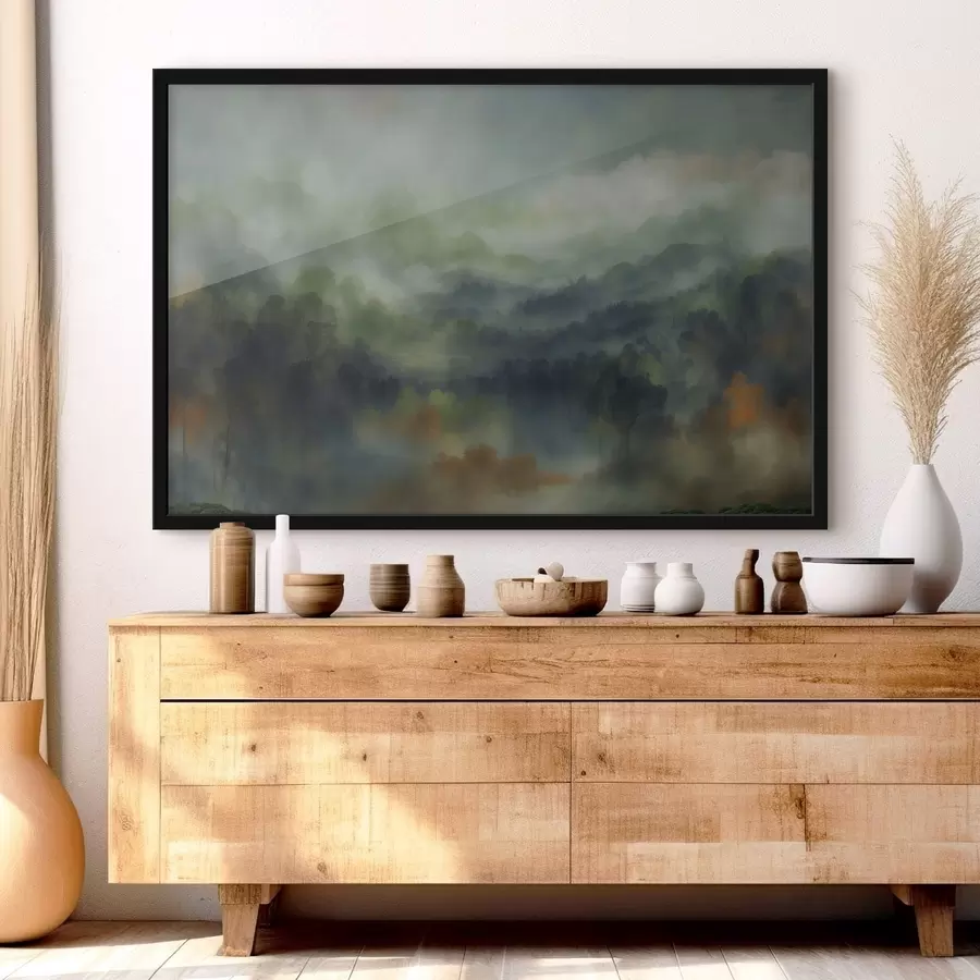 Fototapeta Krajobraz mglistego lasu w odcieniach zieleni f48821