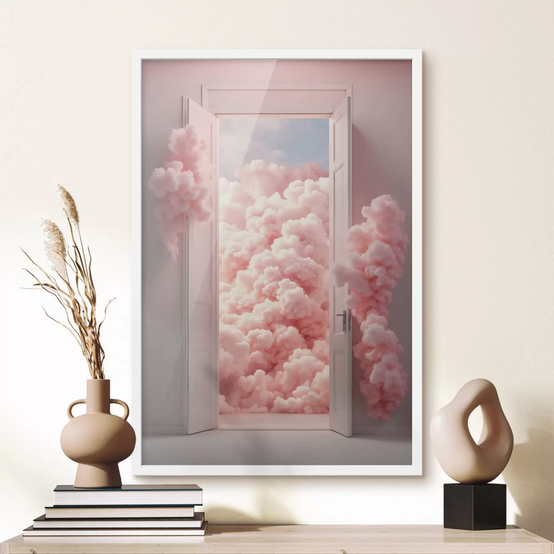 Fototapeta Surrealistyczne drzwi z różowymi chmurami w środku f48823