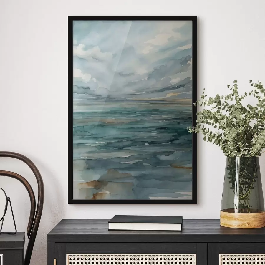 Fototapeta Akwarela przedstawiająca spokojne morze pod zachmurzonym niebem f48824