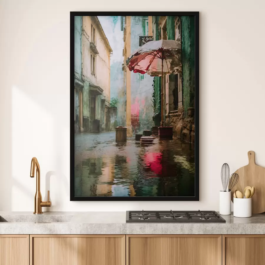 Fototapeta Realistyczny obraz deszczowej ulicy z parasolem i odbiciami f48829