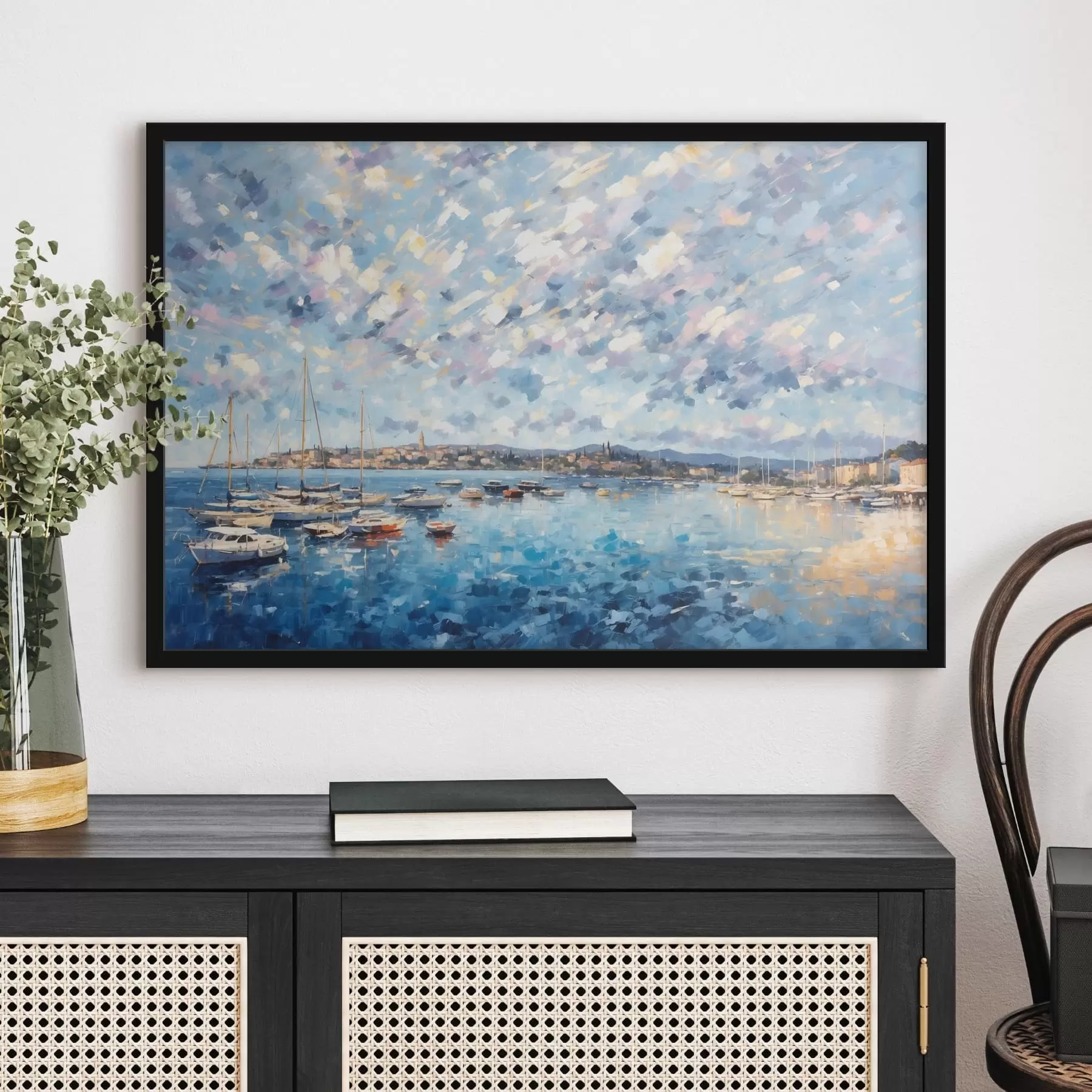 Fototapeta Impresjonistyczny port z łodziami i miastem f48831