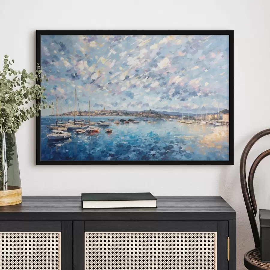 Fototapeta Impresjonistyczny port z łodziami i miastem f48831