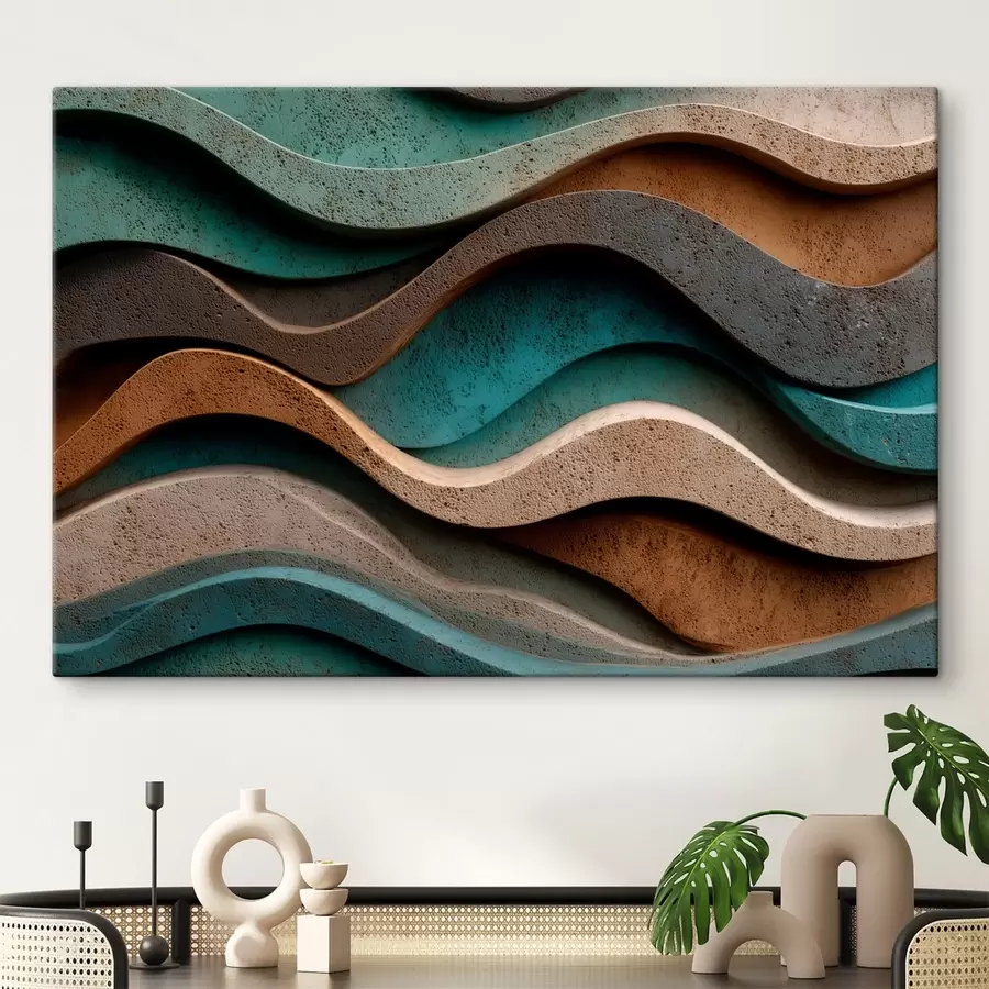 Obraz Abstrakcyjne, faliste warstwy w odcieniach turkusu i terakoty s48797