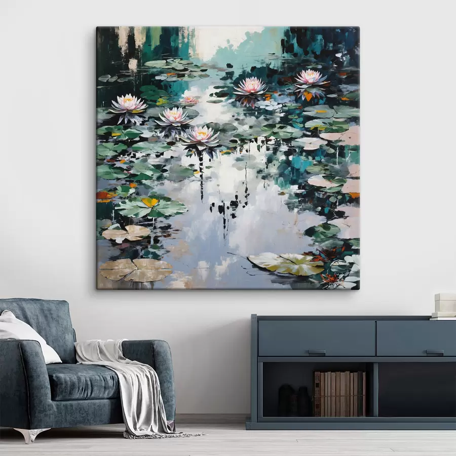 Obraz Impresjonizm: Staw z liliami w ciemnych barwach s48814