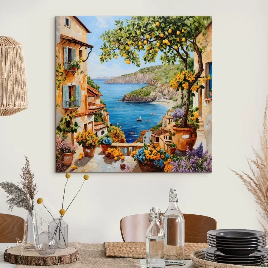 Obraz Impresjonistyczna nadmorska wioska z drzewem cytrynowym s48818