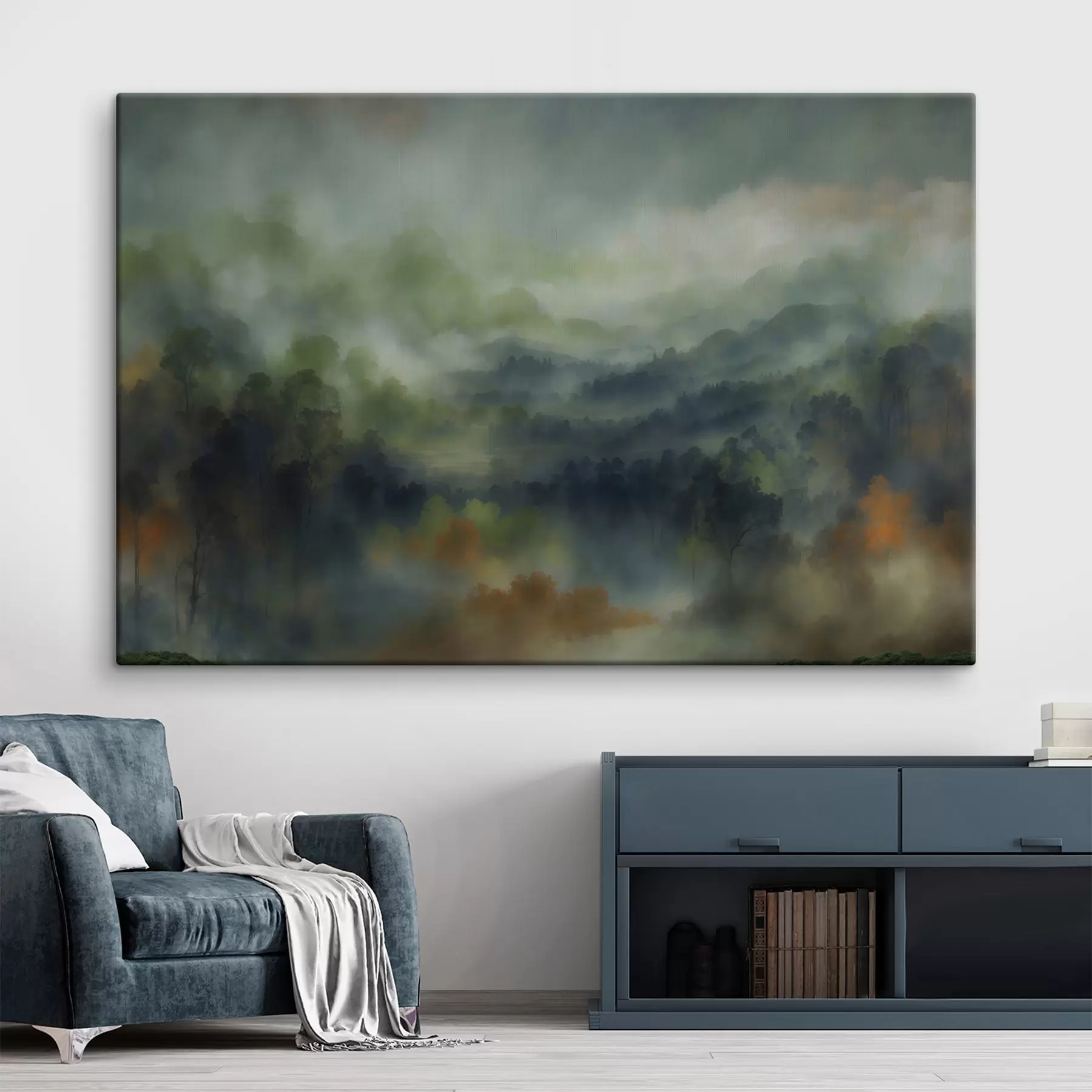 Obraz Krajobraz mglistego lasu w odcieniach zieleni s48821