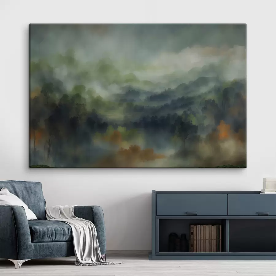 Obraz Krajobraz mglistego lasu w odcieniach zieleni s48821