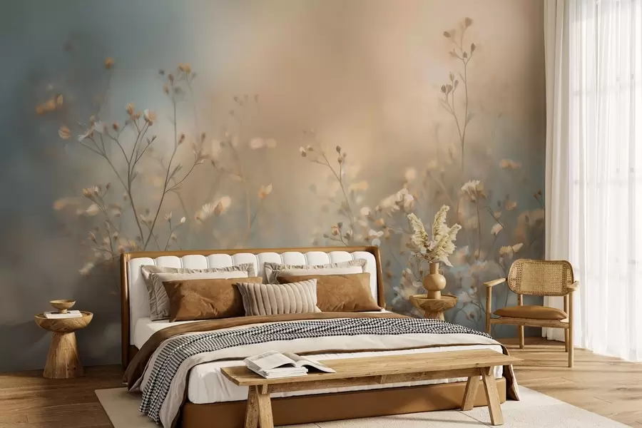 Fototapeta trawy polne o drobnych kwiatach na tle płytkiej głębi ostrości w05386