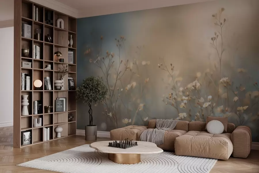 Fototapeta trawy polne o drobnych kwiatach na tle płytkiej głębi ostrości w05386