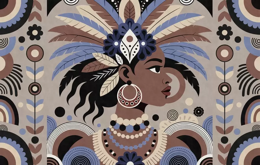 Fototapeta stylowy wzór inspirowany Afryką, utrzymany w odcieniach błękitu i czekoladowego brązu w05389