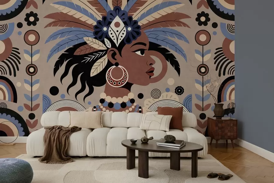 Fototapeta stylowy wzór inspirowany Afryką, utrzymany w odcieniach błękitu i czekoladowego brązu w05389