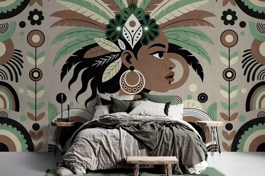 Fototapeta stylowy wzór inspirowany Afryką, utrzymany w odcieniach zieleni, brązu i beżu w05389v1