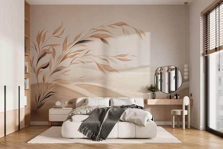 Fototapeta Delikatny pejzaż z gałęzią nad wzgórzami w jasnych beżowych odcieniach w05297