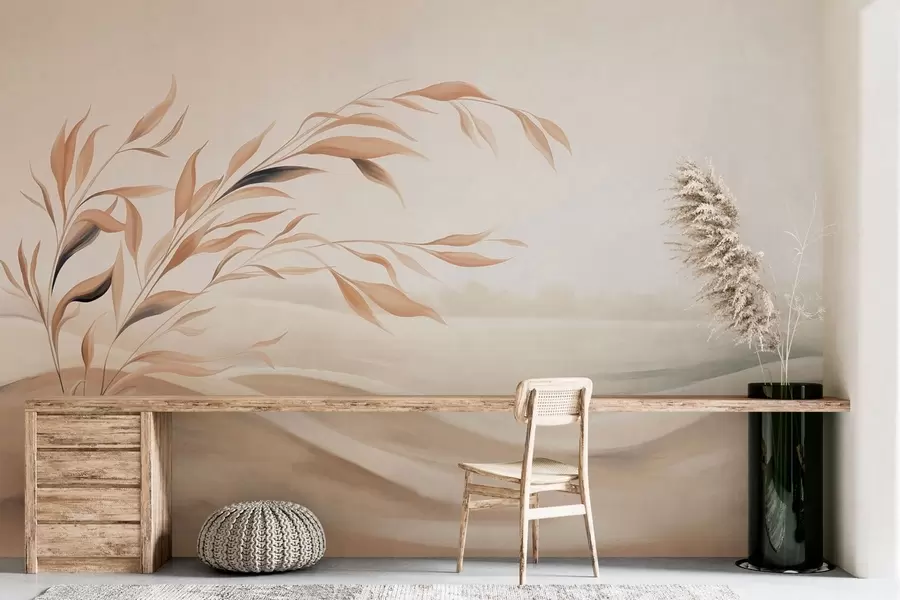 Fototapeta Delikatny pejzaż z gałęzią nad wzgórzami w jasnych beżowych odcieniach w05297