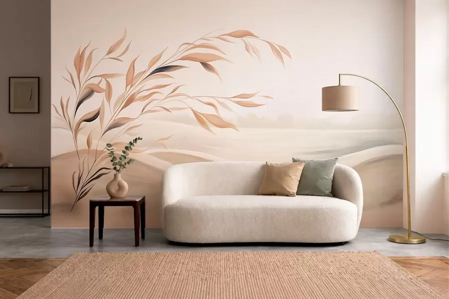 Fototapeta Delikatny pejzaż z gałęzią nad wzgórzami w jasnych beżowych odcieniach w05297