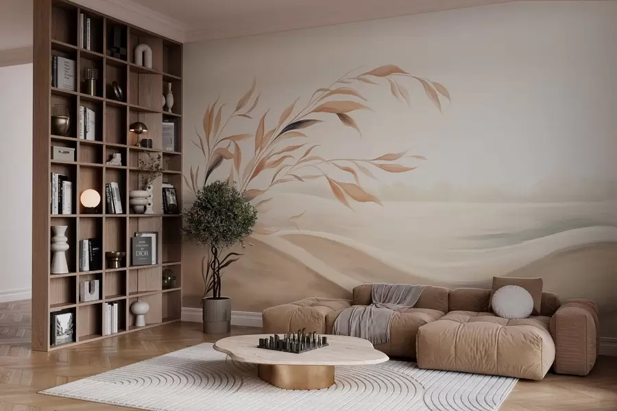 Fototapeta Delikatny pejzaż z gałęzią nad wzgórzami w jasnych beżowych odcieniach w05297