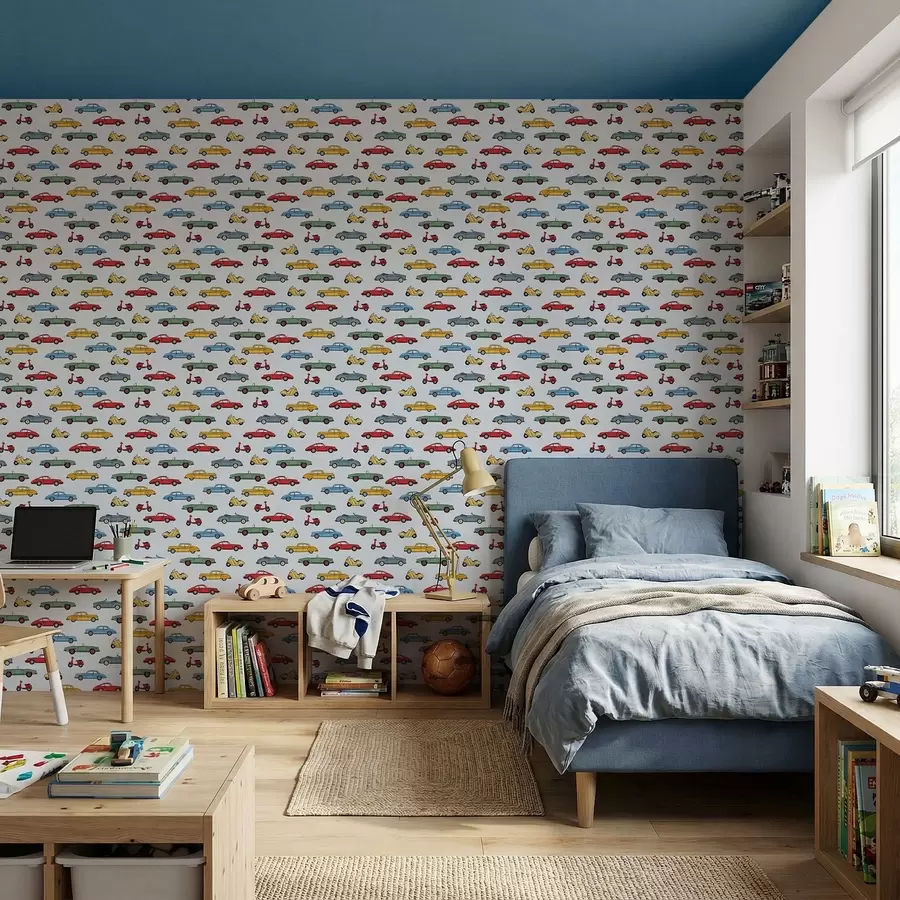 Fototapeta Samochody i skutery w stylu retro na niebieskim tle a01172v2