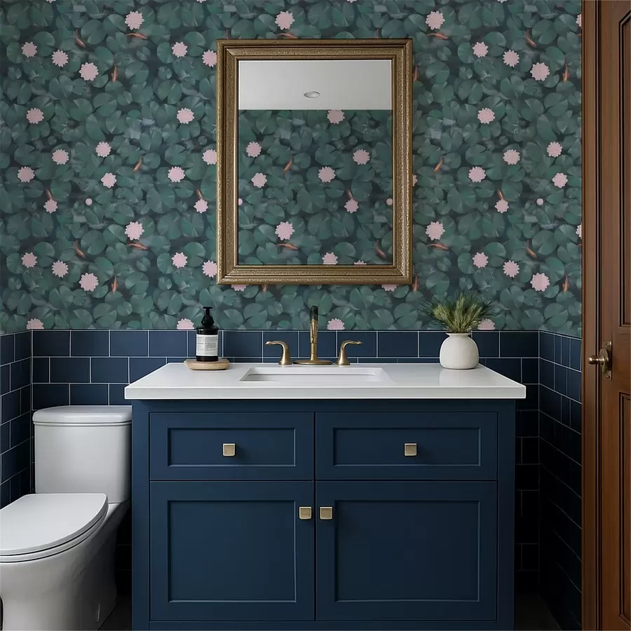 Fototapeta Lilie wodne z kwiatami i rybami na ciemnym tle a01177