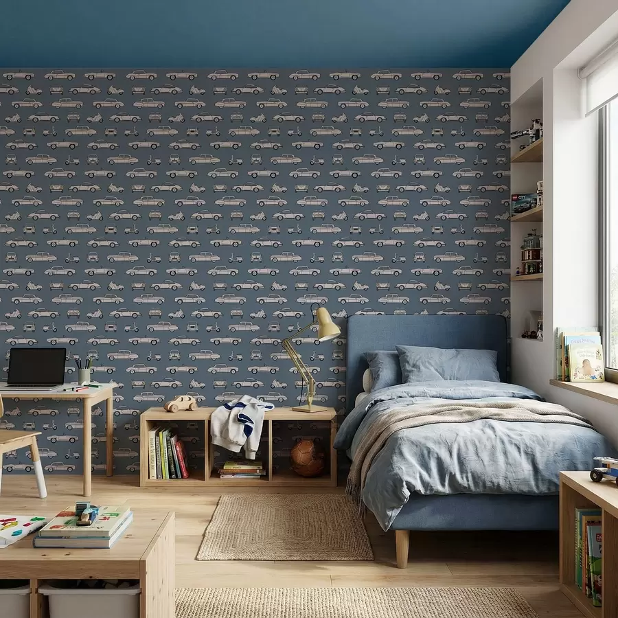 Fototapeta Samochody i skutery w stylu retro na niebieskim tle a01178