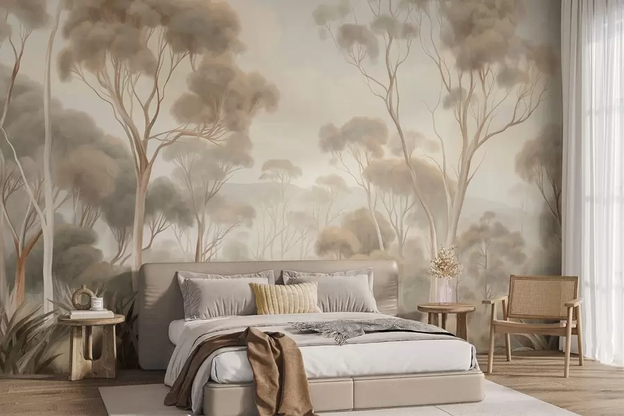 Fototapeta Mglisty leśny krajobraz z wysokimi drzewami eukaliptusowymi, pofałdowanymi wzgórzami pod zachmurzonym niebem, grafika o bogatej fakturze w09822