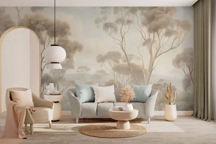 Fototapeta Mglisty leśny krajobraz z wysokimi drzewami eukaliptusowymi, pofałdowanymi wzgórzami pod zachmurzonym niebem, grafika o bogatej fakturze w09822