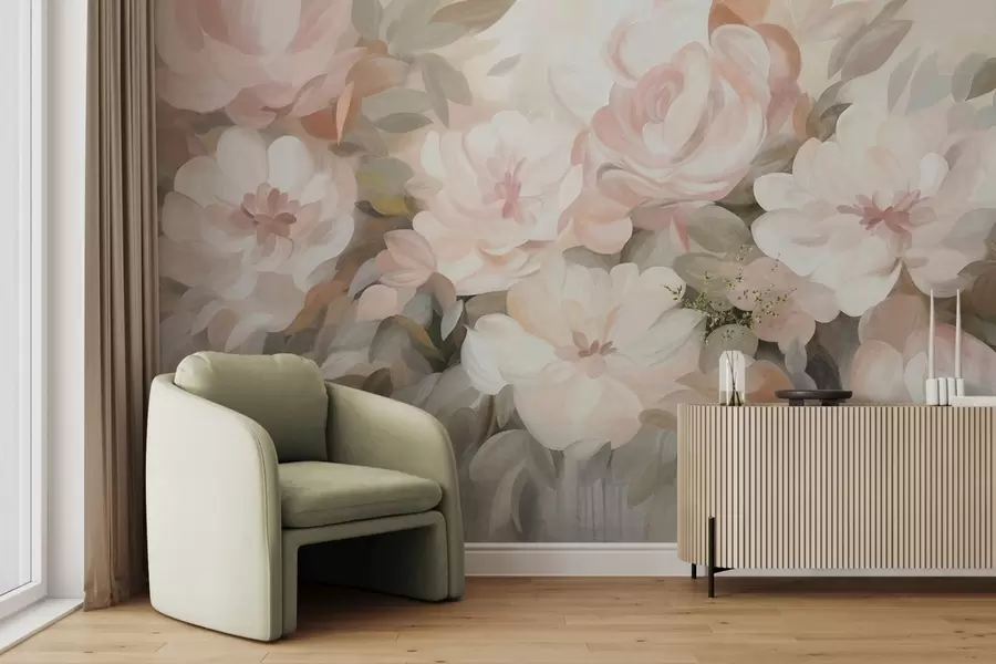 Fototapeta Jasnoróżowe i białe kwiaty z zielonymi liśćmi, styl malarski, styl impresjonistyczny, grafika z fakturą w09824