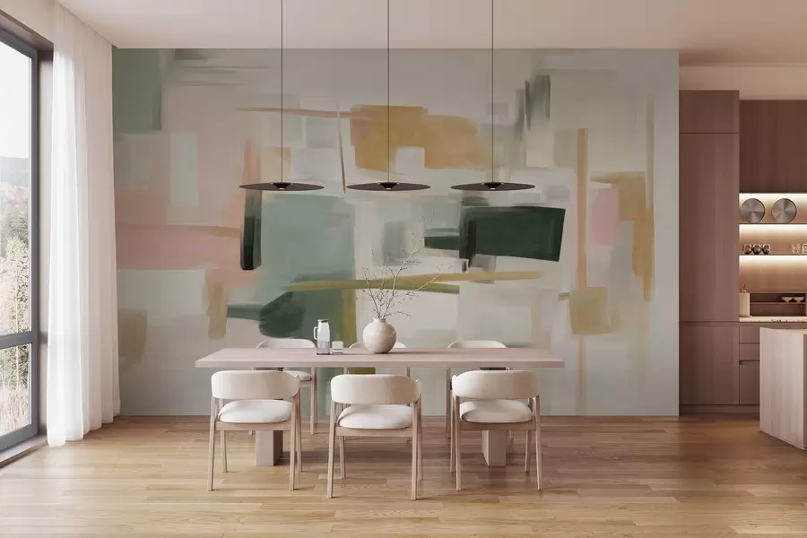 Fototapeta Abstrakcyjny, minimalistyczny styl malarski charakteryzujący się delikatnymi pastelowymi barwami, geometrycznymi kształtami i liniami w09828
